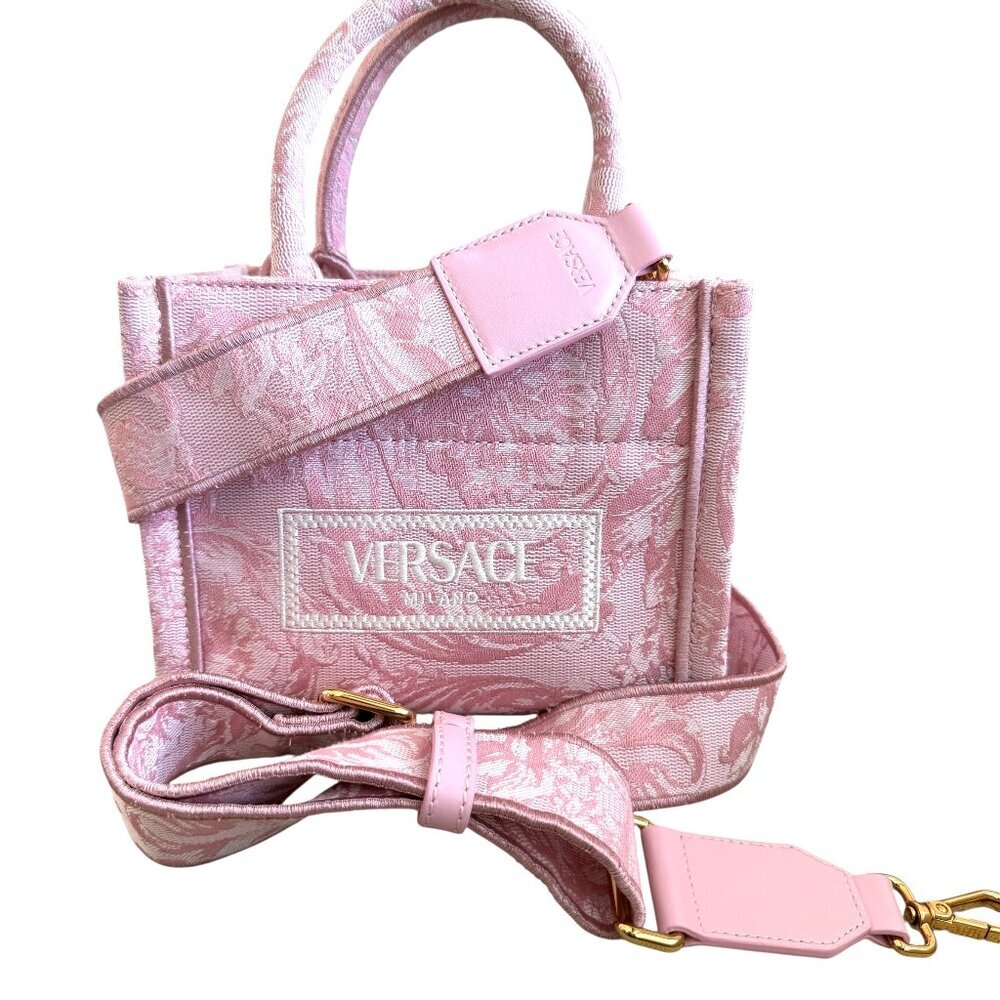 Versace Barocco Athena Mini Pink Canvas Logo Print Tote Bag 1015288 New Auth